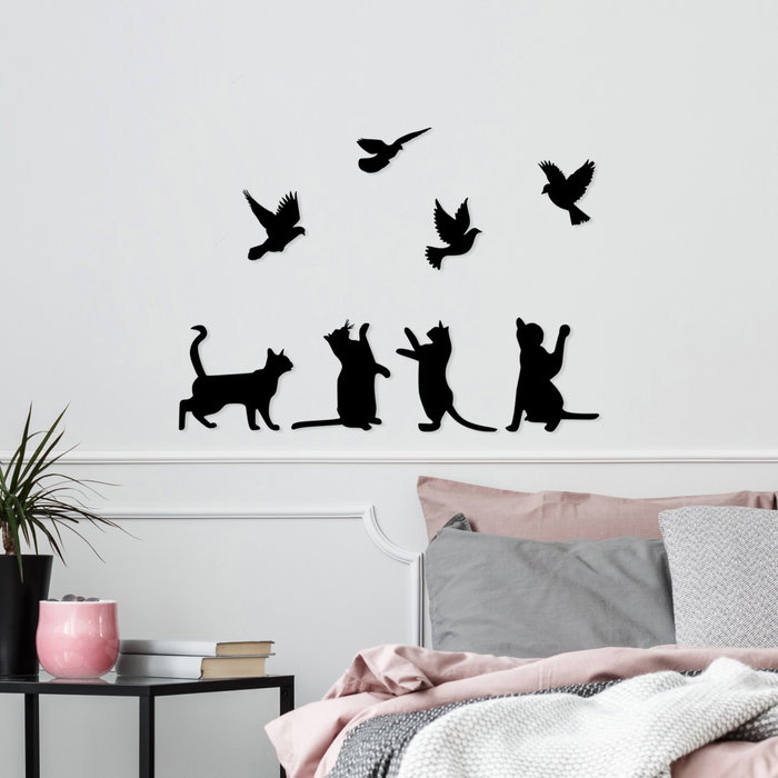 Wallity Birds Playing With Cats Escultura de Pared de Metal Negra Wallity Birds Playing With Cats Escultura de Pared de Metal Negra